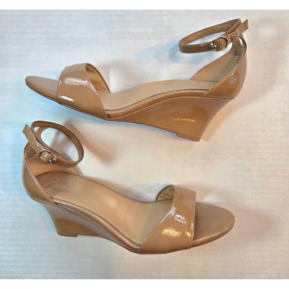 Naturalizer Vera Wedge Sandals Nude Patent Tan Ankle Strap Shoes Womens 10.5 M